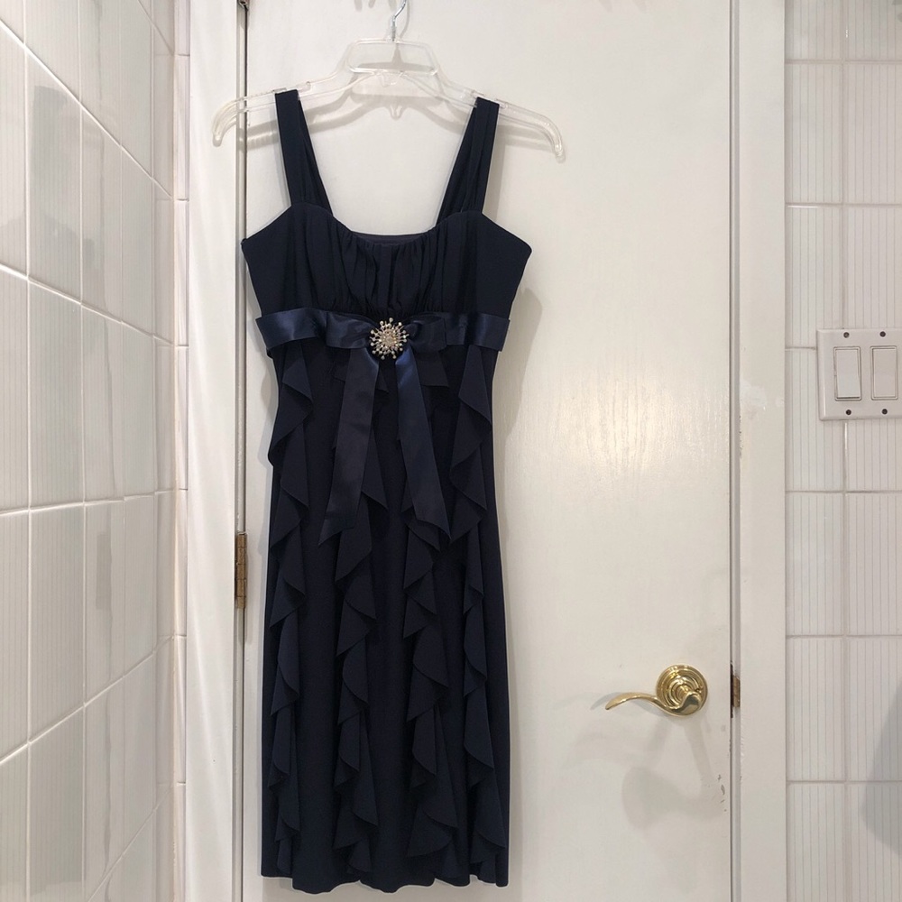 Cache Navy Shirred Bodice cocktail dress